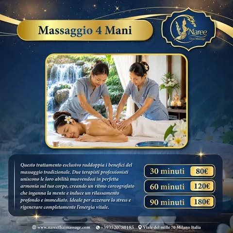 Listino prezzi Massaggio 4 Mani - 30 min 80€, 60 min 120€, 90 min 180€