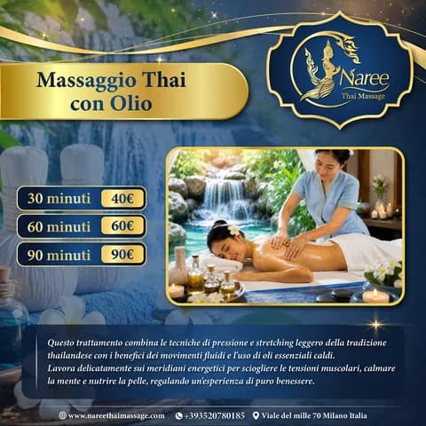 Listino prezzi Massaggio Thai con Olio - 30 min 40€, 60 min 60€, 90 min 90€