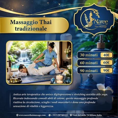 Listino prezzi Massaggio Thai Tradizionale - 30 min 40€, 60 min 60€, 90 min 90€