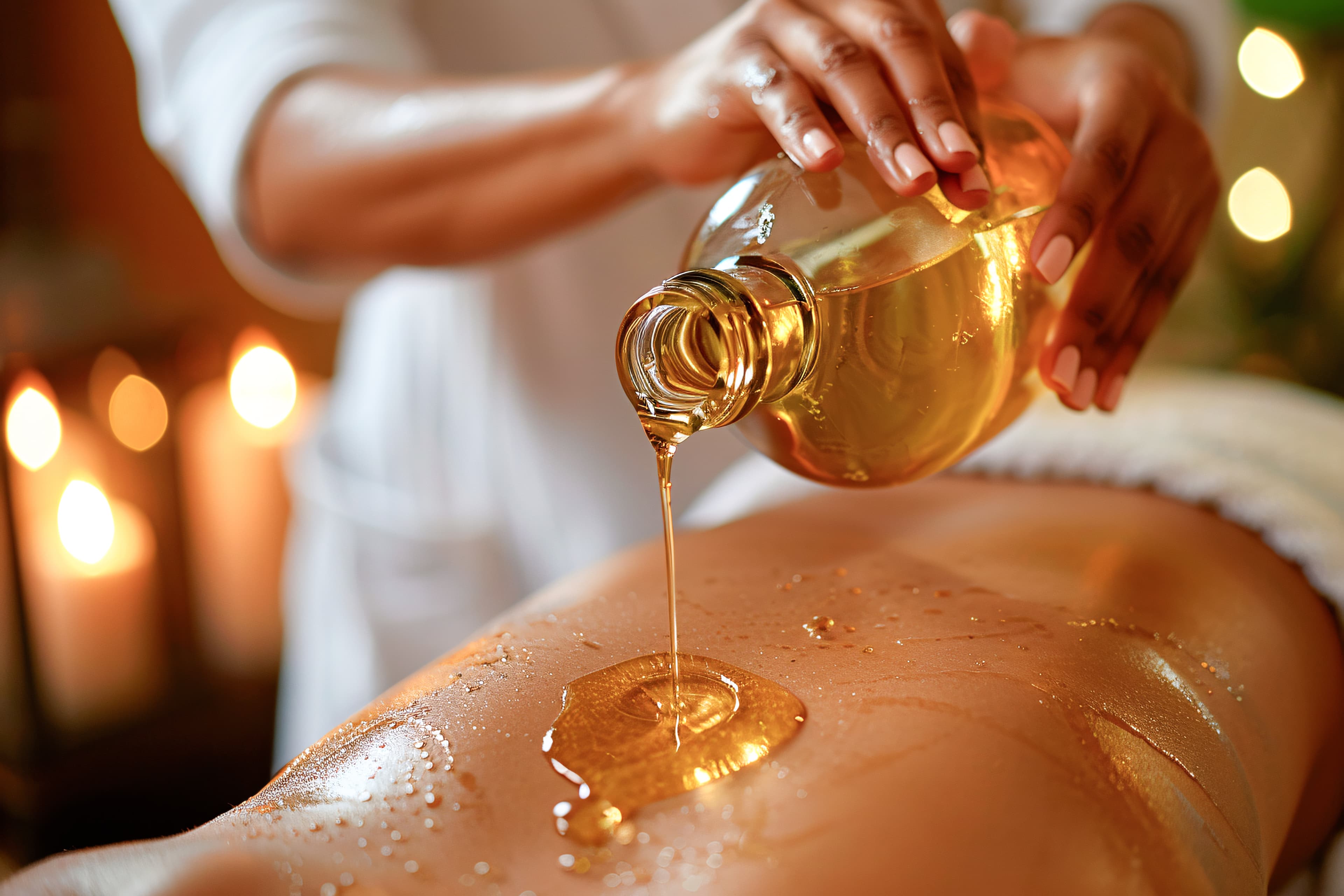 Applicazione di olio essenziale caldo durante il massaggio